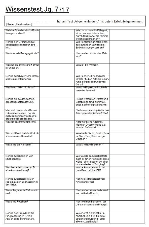 Wissenskärtchentest für Jahrgang 7